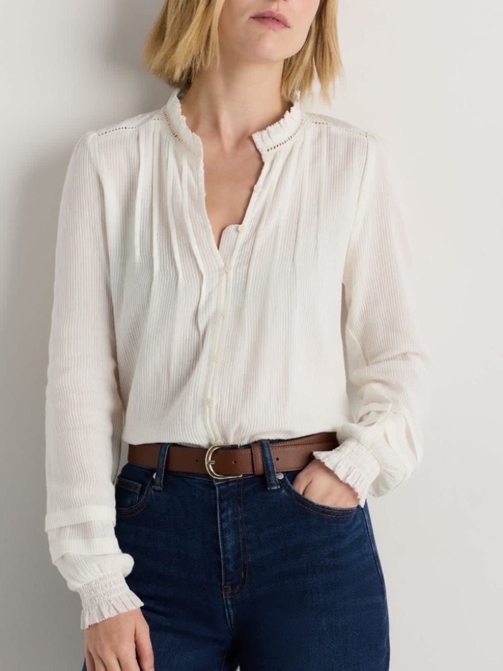 Quince Organic Textured Cotton Peasant Blouse White Medium